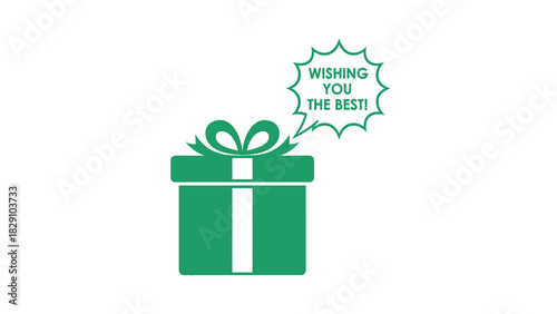 A green gift box with a ribbon and a speech bubble saying 'Wishing you the best!' on a white background.