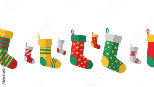 A festive row of colorful Christmas stockings hanging in a line.