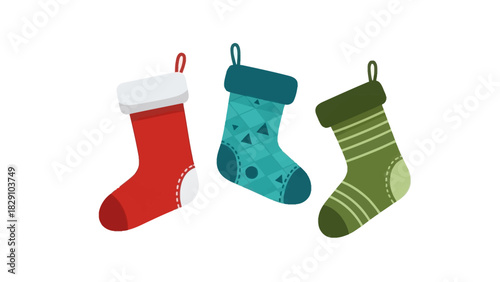 Three colorful Christmas stockings in red, teal, and green with various patterns, ready for holiday gifts.