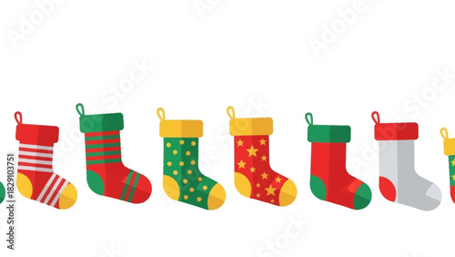 A row of colorful Christmas stockings hanging in a line.