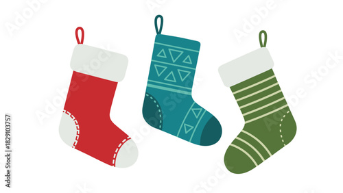 Three festive Christmas stockings in red, teal, and green with white trim, hanging by their loops.