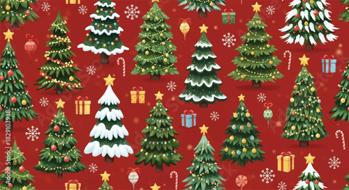Collection of Festive Decorated Christmas Trees with Ornaments and Gifts.