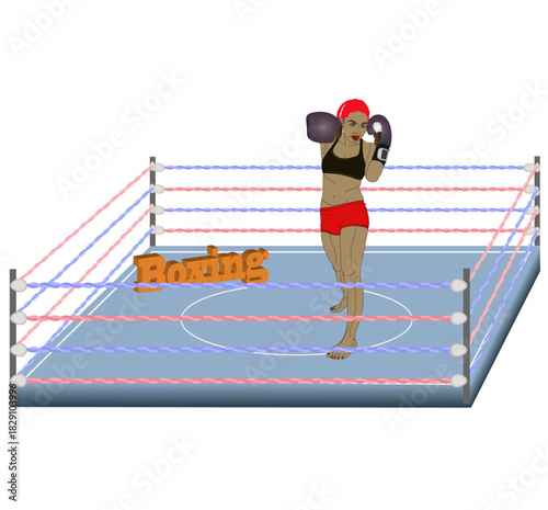 Wrestling in the ring on its blue floor, boxing gloves and red shorts [Converted].ai