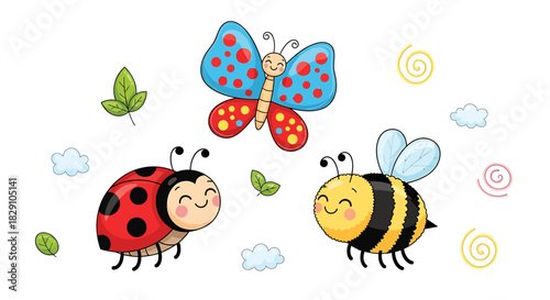 Whimsical Cartoon Illustration Featuring a Butterfly, Ladybug, and Bee with Smiling Faces and Leafy Accents