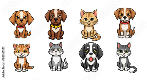 Adorable Cartoon Dog and Cat Characters A Charming Collection of Pet Illustrations in Various Poses