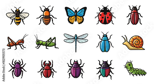 Collection of colorful insects and bugs including bees, ladybugs, butterflies, grasshoppers, dragonflies, beetles, snails, spiders, and caterpillars