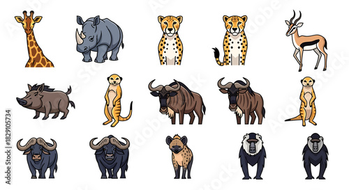 African Wildlife A Collection of Diverse Animals Featuring Giraffe, Rhino, Cheetah, Gazelle, and More in a Vector Style