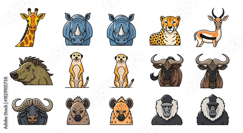 Collection of African Safari Animals in Flat Design Style, Featuring Giraffe, Rhinoceros, Cheetah, and More Wildlife Creatures