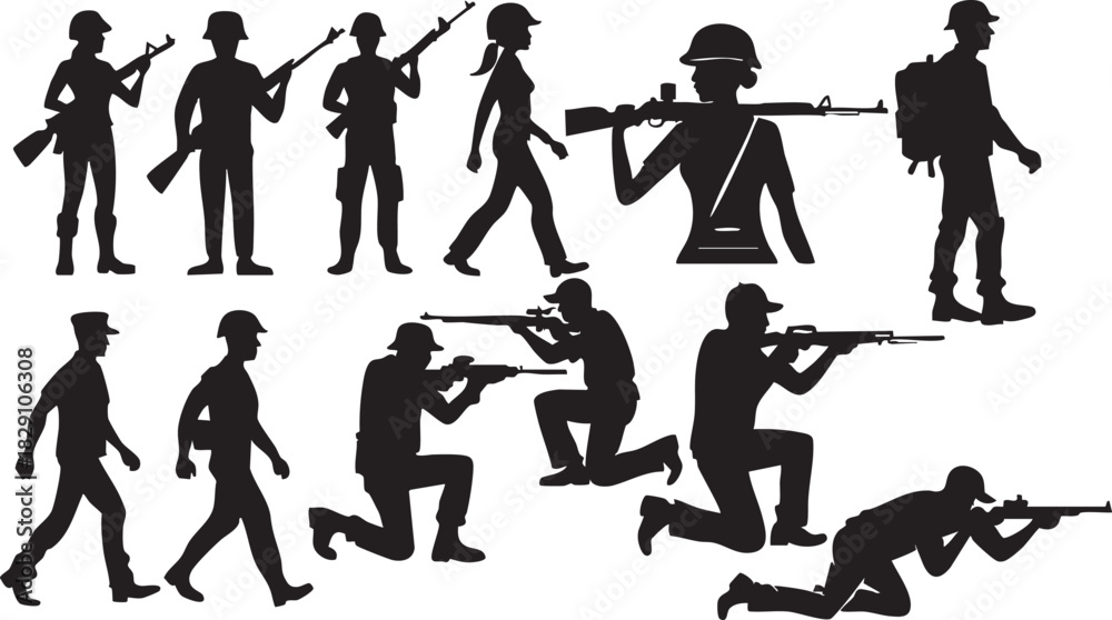 Naklejka premium Soldier Military War Silhouettes on White Background Vector Fully Editable Smart Object Text Effect