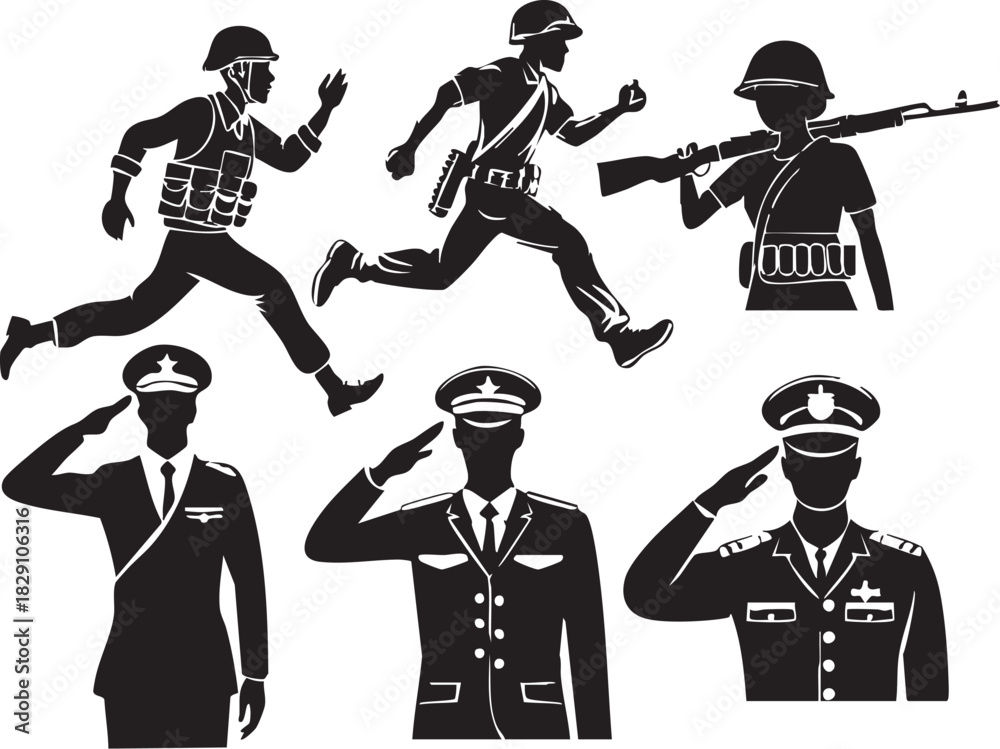 Obraz premium Soldier Military War Silhouettes on White Background Vector Fully Editable Smart Object Text Effect