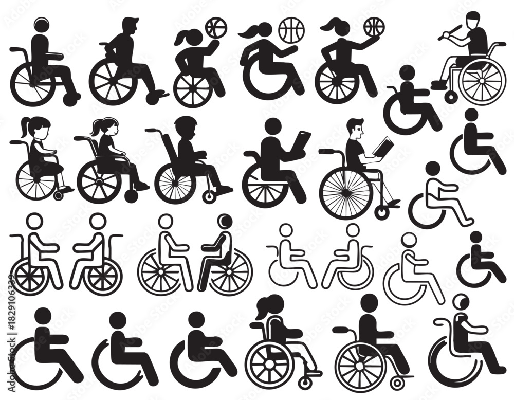 Obraz premium Physical Disability and Wheelchair Icon Silhouettes on White Background Vector Fully Editable Smart Object Text Effect