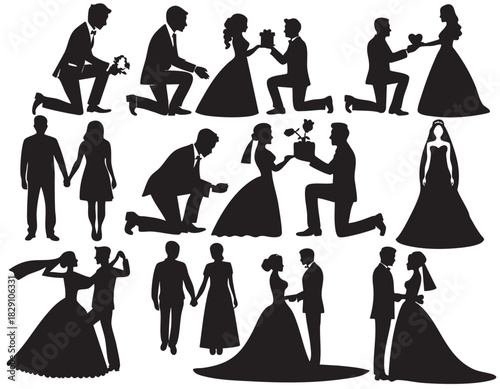 Wedding Couple Bride and Groom Silhouettes on White Background Vector Fully Editable Smart Object Text Effect