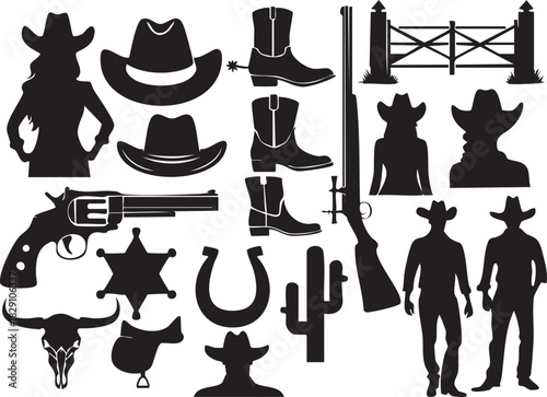Western Cowboy Silhouettes on White Background Vector Fully Editable Smart Object Text Effect