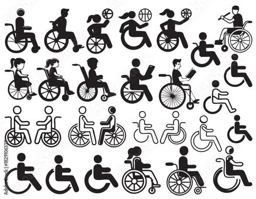 Physical Disability and Wheelchair Icon Silhouettes on White Background Vector Fully Editable Smart Object Text Effect