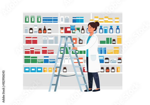 Pharmacist on Ladder Reaching for Medication in Pharmacy