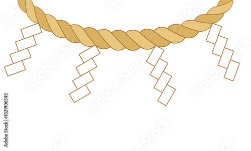 紙垂のついた日本の注連縄を描いたフラットデザインイラスト（線あり）