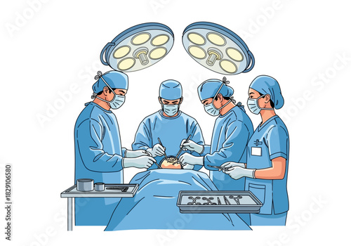 Surgical Team Performing Operation Under Bright Lights in Operating Room