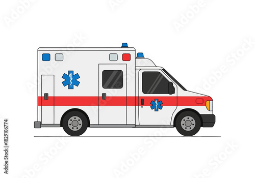 Cartoon Ambulance with Red Stripe and Star of Life Symbol