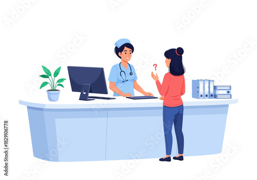 Nurse at Reception Desk Assisting Patient with Question Mark