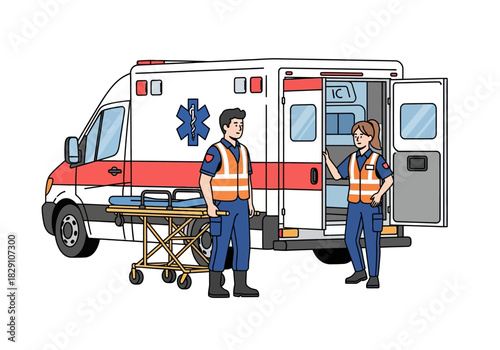 Cartoon Ambulance with Paramedics and Stretcher Illustration