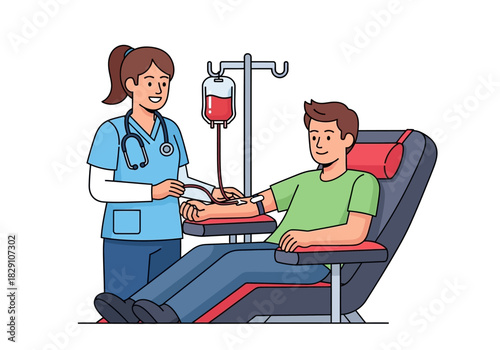 Blood Donation Illustration: Nurse and Patient in Clinic Setting