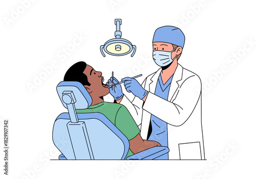 Dentist examining patient's teeth with tools in a dental chair under bright light.