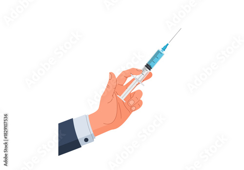 Hand Holding a Syringe with Blue Liquid for Vaccination or Medical Treatment