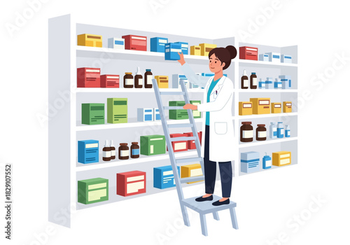 Pharmacist on Ladder Reaching for Medication in Pharmacy