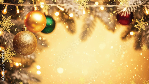 Christmas Ornaments and Lights on Fir Tree Branches.