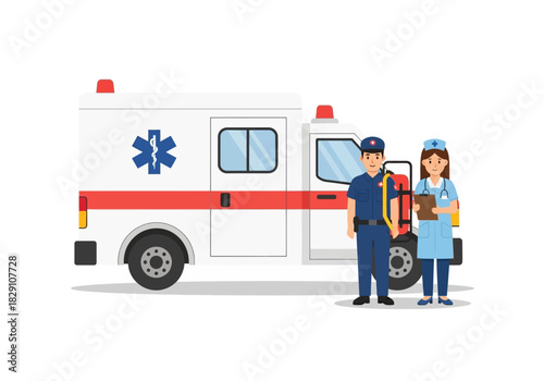 Cartoon Ambulance with Paramedic and Nurse Team