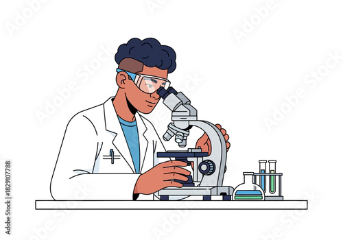 Scientist Using Microscope in Lab with Test Tubes
