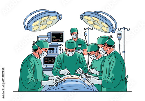 Surgical Team Performing Operation in Operating Room with Medical Equipment