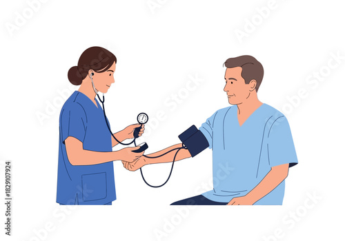 Nurse Checking Patient's Blood Pressure with Sphygmomanometer and Stethoscope