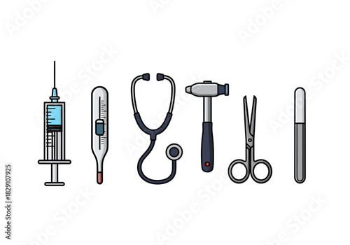 Medical Tools: Syringe, Thermometer, Stethoscope, Reflex Hammer, Scissors, and Tongue Depressor