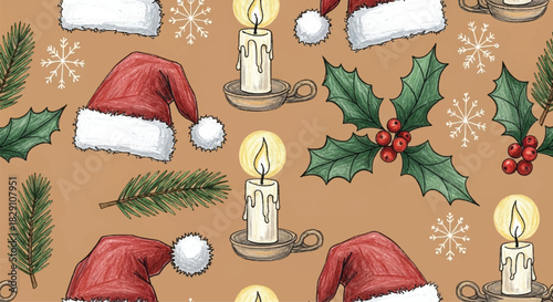 Festive Christmas pattern with Santa hats, candles, and holly leaves.