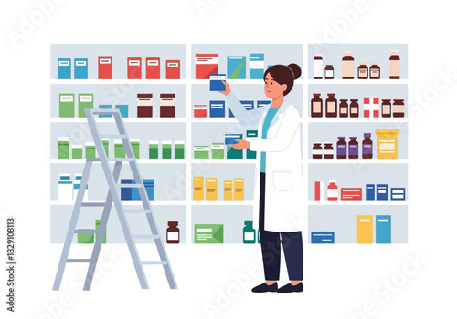 Pharmacist Arranging Medication on Shelves with Ladder in Pharmacy