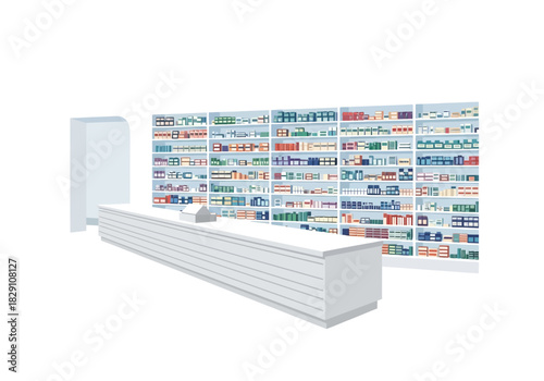 Pharmacy Interior with Shelves and Counter, Minimalist Style