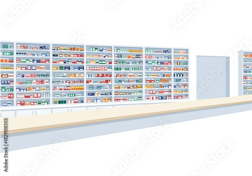 Pharmacy Shelves Filled with Medication Boxes and a Counter