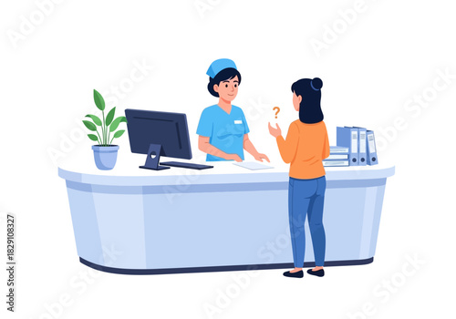 Nurse at Reception Desk Assisting Patient with Question