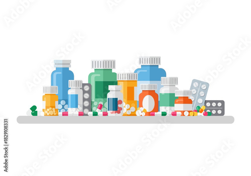 Colorful Assortment of Medicine Bottles and Pills on Shelf