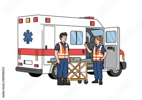 Paramedics Standing Near Ambulance with Stretcher