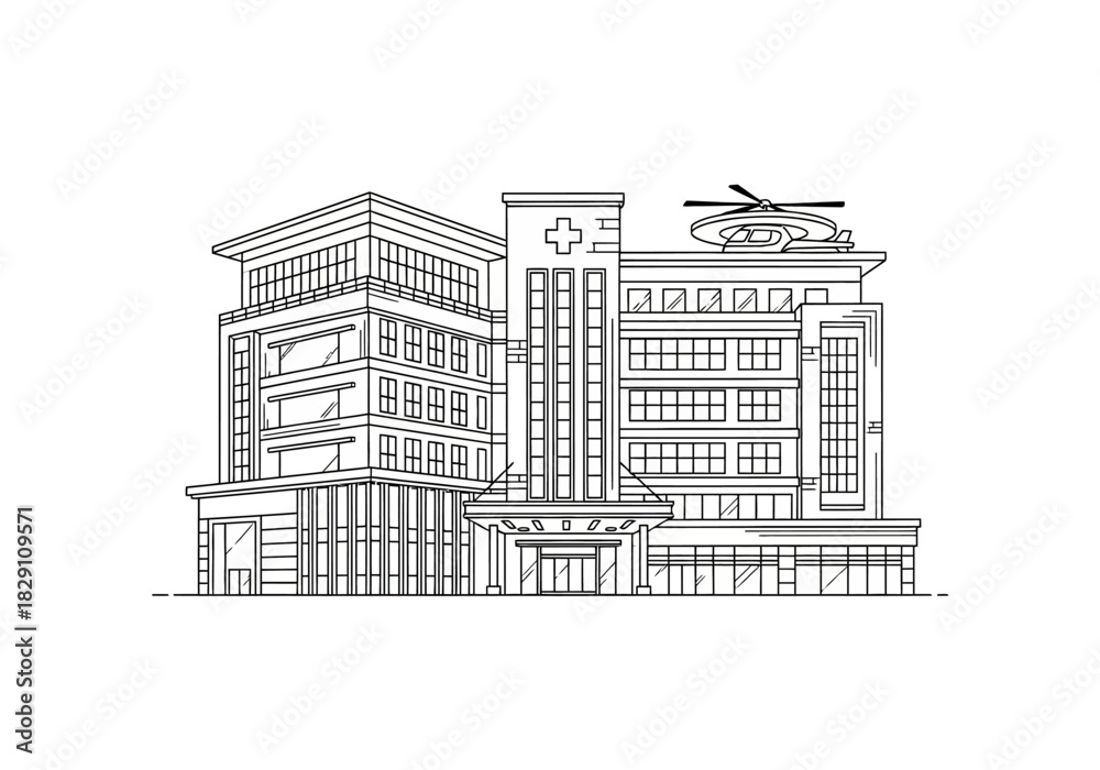 Obraz premium Modern Hospital Building with Helicopter Pad Outline Illustration
