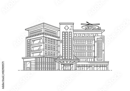 Modern Hospital Building with Helicopter Pad Outline Illustration