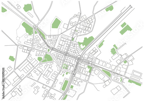 Detailed Architectural Map of a City with Green Spaces and Road Networks
