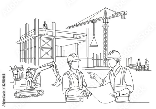 Construction Site Outline with Workers, Crane, and Excavator