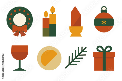 Festive Icon Collection. Festive Arrangement in geometric flat style holiday wreath, candles, red napkin, ornament, wine glass, bread plate, pine branch, gift box