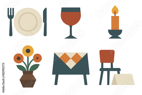Formal Dining Icons. Formal Dining in geometric flat style plate with cutlery, wine glass, folded napkin, candlelight, centerpiece flowers, tablecloth, chair, name card