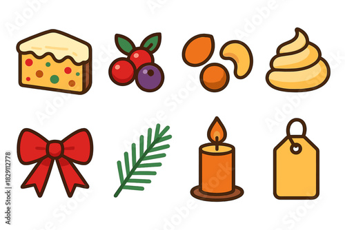 Festive Icon Set. Festive Treats modern flat vector icons fruitcake slice, berries, nuts, icing swirl, ribbon bow, pine branch, candle, gift tag