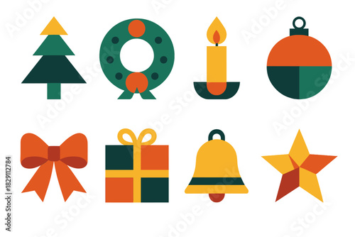 Geometric Holiday Icons. Holiday Customs in geometric flat style Christmas tree, wreath, candle, ornament, ribbon bow, gift box, bell, star