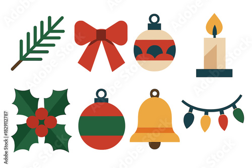 Festive Icon Set. Festive Decoration in geometric flat style pine branch, ribbon bow, ornament, candle, holly leaves, bauble, bell, string lights
